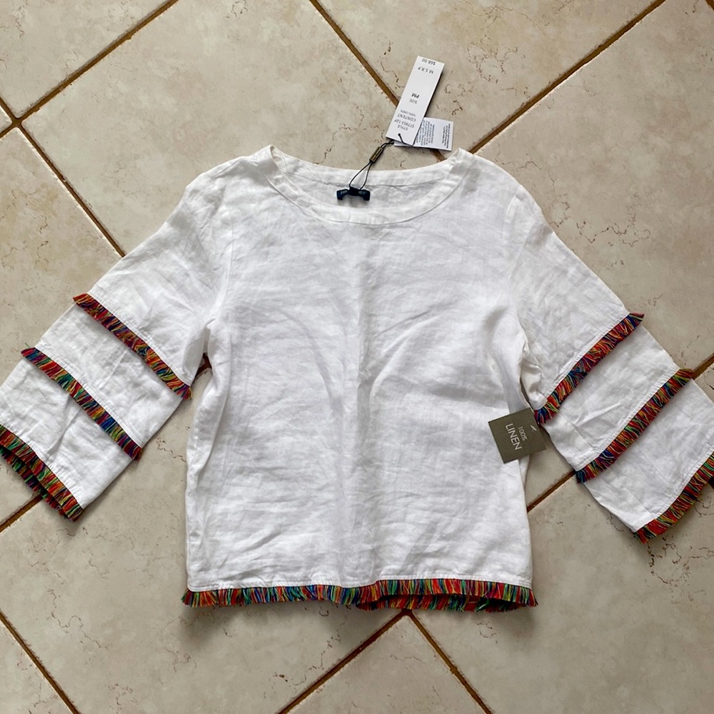 Women’s off white linen top blouse shirt PM colorful fringe boutique Cynthia